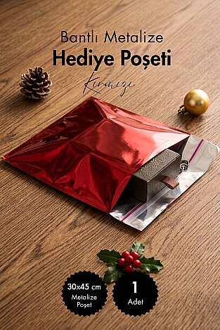1 adet 30x45 Büyük Boy Metalize Hediye Poşeti - Kırmızı - Kendinden Yapışkanlı, Kıyafet için Uygun - Bimotif