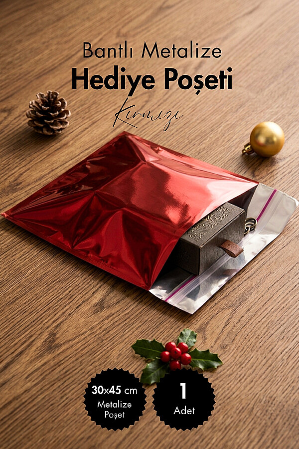 1 adet 30x45 Büyük Boy Metalize Hediye Poşeti - Kırmızı - Kendinden Yapışkanlı, Kıyafet için Uygun - 1