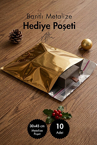 10 adet 40x60 Büyük Boy Metalize Hediye Poşeti - Altın - Kendinden Yapışkanlı, Kıyafet için Uygun - Bimotif