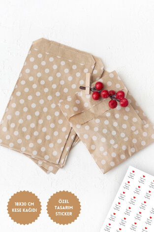 10 adet puantiye desenli kese kağıdı (18x30 cm), büyük boy hediye paketi ve Sticker seti - Bimotif (1)