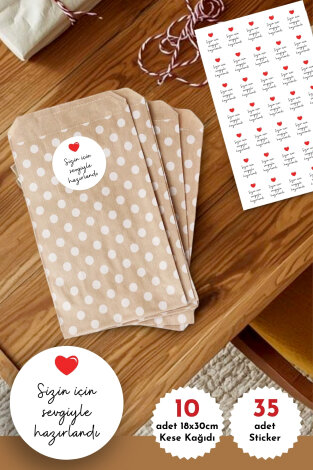 10 adet puantiye desenli kese kağıdı (18x30 cm), büyük boy hediye paketi ve Sticker seti - Bimotif