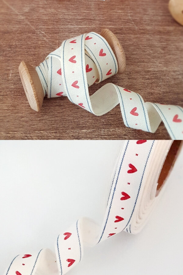 10 metre kalp desenli pamuk şerit kurdele, en 1.5 cm (Hediye paketi süsü) - 1