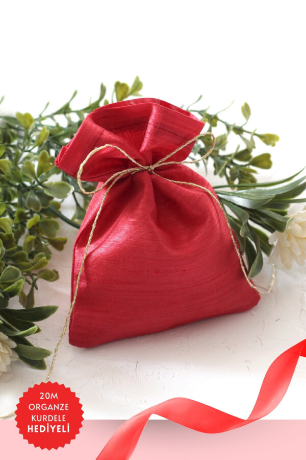 100 adet osmanlı ipeği kına, söz, nişan hediye kesesi, 10x15 cm Kırmızı (20m Organze Kurdele Hediye) - 1