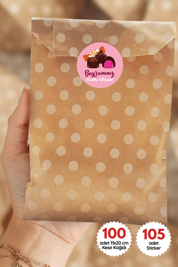 107 parça Bayram Hediye Seti, 100lü kese kağıdı (11x20 cm) ve 105 adet İyi Bayramlar Sticker (4 cm) - 1