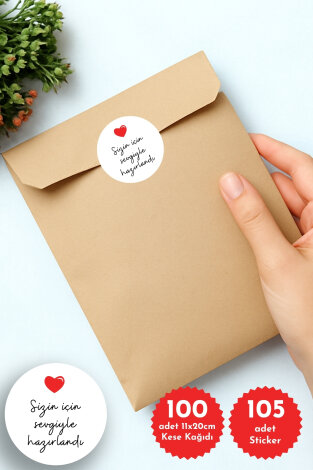 100lü Hediye Paketi Seti, 11x20 cm Kraft Kese Kağıdı (11x20 cm ) ve 105 adet Sticker - Bimotif