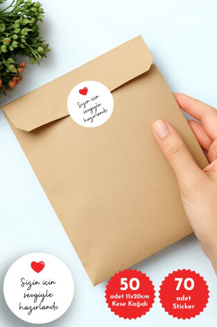 50li Hediye Paketi Seti, 11x20 cm Kraft Kese Kağıdı (11x20 cm ) ve 105 adet Sticker - Kopya - Bimotif