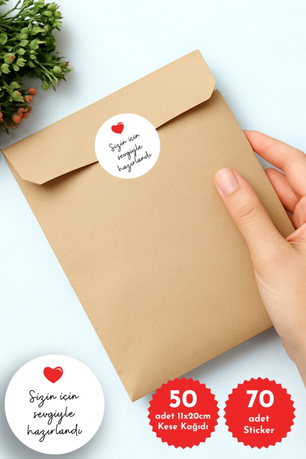 50li Hediye Paketi Seti, 11x20 cm Kraft Kese Kağıdı (11x20 cm ) ve 105 adet Sticker - Kopya - 1