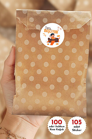 100lü İyi Tatiller, Yaz Tatili Hediye Paketi (Puantiyeli Kese Kağıdı (11x20cm) 105 adet 4cm Sticker)
