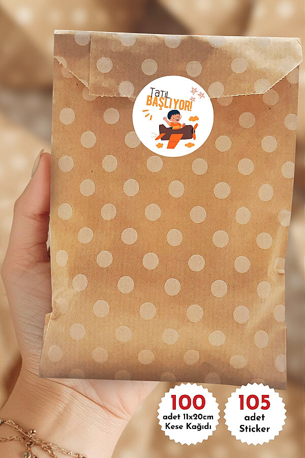 100lü İyi Tatiller, Yaz Tatili Hediye Paketi (Puantiyeli Kese Kağıdı (11x20cm) 105 adet 4cm Sticker) - 1