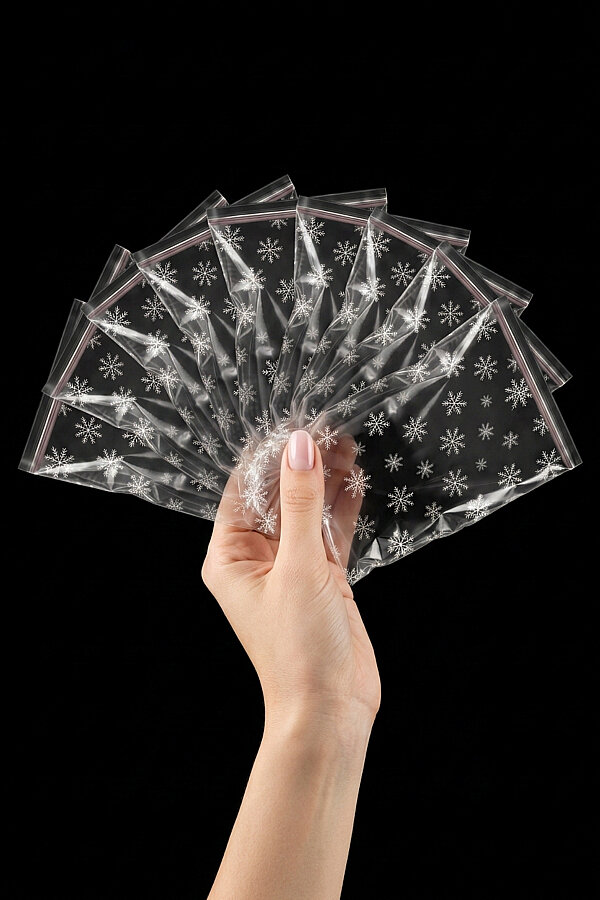 100lü Kar Desenli Bantlı Şeffaf OPP Poşet, 10x15 cm (Yılbaşı Hediyeleri için Yapışkanlı Poşet) - 3