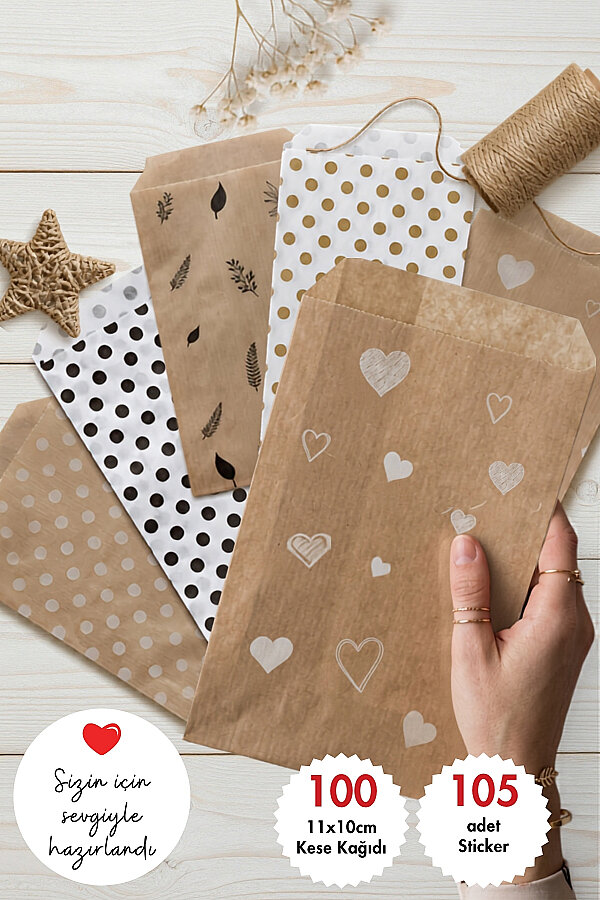 100'lü Karışık Hediye Paketi Seti - 20'şer adet, 5 çeşit 11x20 cm Kese Kağıdı + 105 adet Sticker - 1