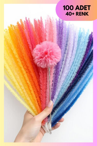 100lü karışık tüylü tel şönil, 30 cm (el işi malzemesi, çiçek yapımı, hobi ve etkinlik seti) - Bimotif