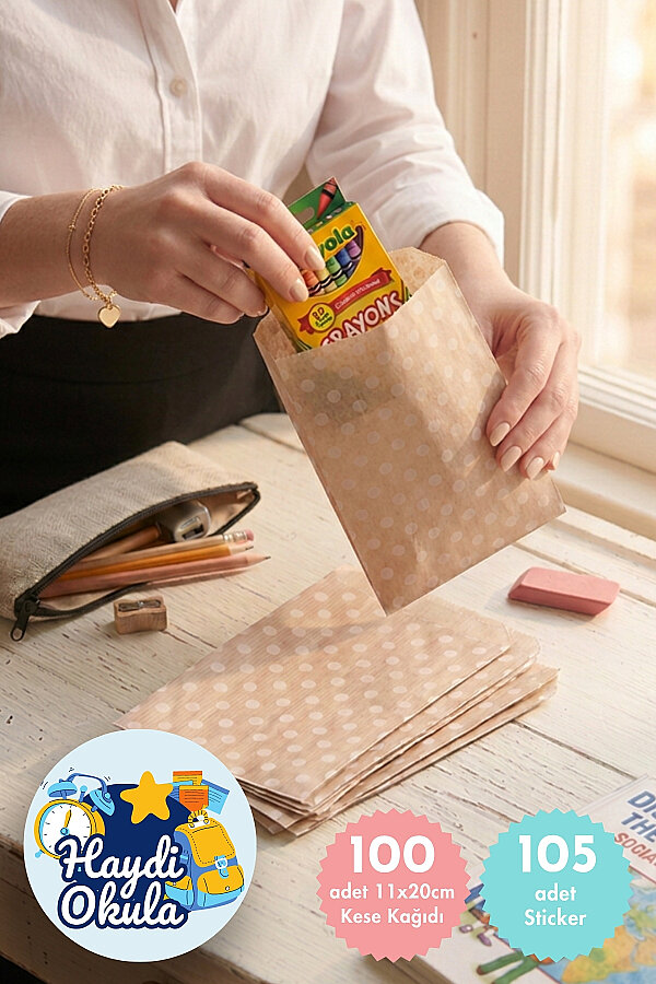 100'lü Okula Dönüş Öğrenci Hediye Paketi - 100 adet 11x20 cm Puantiye Kese Kağıdı + 105 adet Sticker - 1