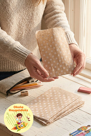 100'lü Okula Dönüş Öğrenci Hediye Paketi - 100 adet 11x20 cm Puantiye Kese Kağıdı + 105 adet Sticker - 4