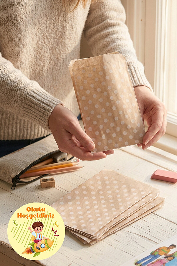 100'lü Okula Dönüş Öğrenci Hediye Paketi - 100 adet 11x20 cm Puantiye Kese Kağıdı + 105 adet Sticker - 4