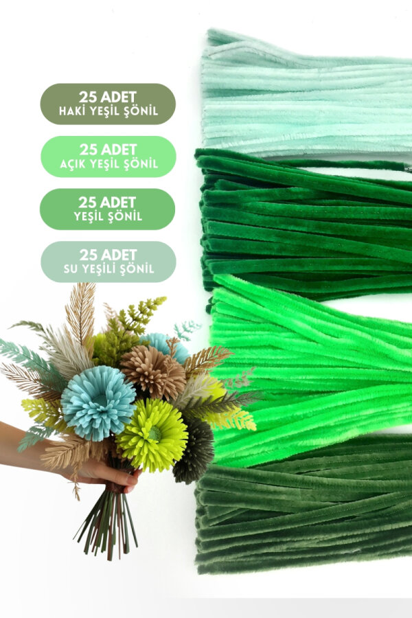 100lü tüylü tel şönil, 30 cm (25'er adet Haki, Yeşil, Açık Yeşil ve Su Yeşili Şönil) - 1