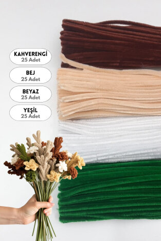 100lü tüylü tel şönil, 30 cm (25'er adet Yeşil, Kahverengi, Bej, Beyaz Şönil Çiçek Yapımına Uygun) - Bimotif