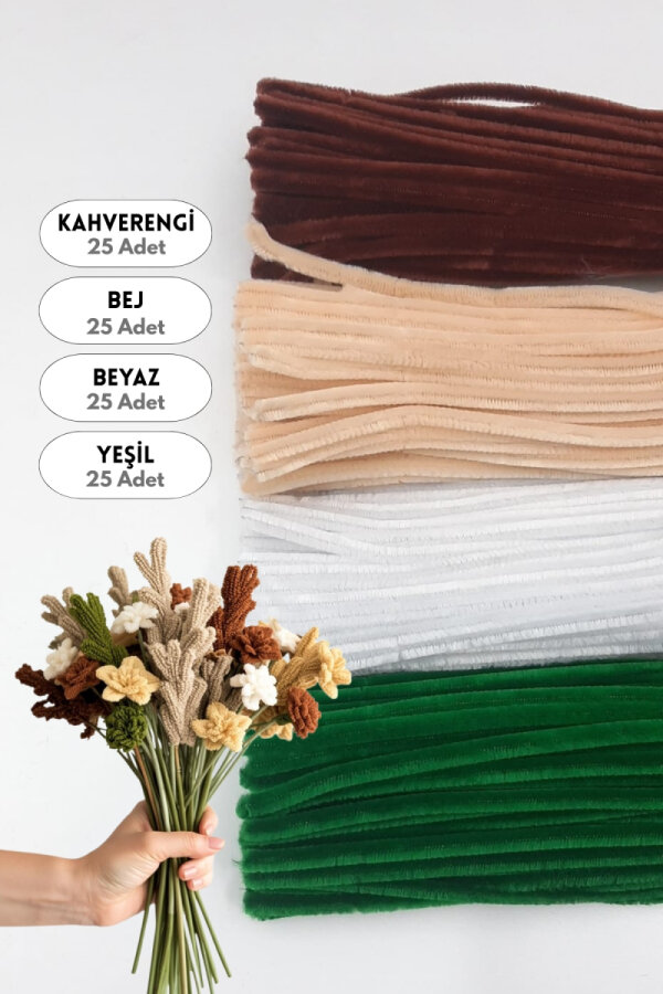 100lü tüylü tel şönil, 30 cm (25'er adet Yeşil, Kahverengi, Bej, Beyaz Şönil Çiçek Yapımına Uygun) - 1