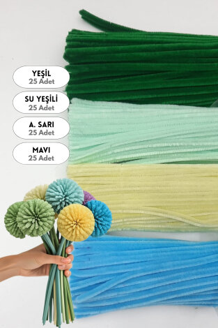 100lü tüylü tel şönil, 30 cm (25'er adet Yeşil, Mavi, A. Sarı, Su Yeşili Çiçek Yapımına Uygun) - Bimotif