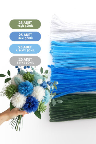 100lü tüylü tel şönil, 30 cm (25'er adet Yeşil, Mavi, Açık Mavi, Beyaz Şönil, Çiçek Yapımına Uygun) - Bimotif