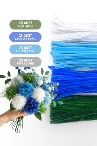 100lü tüylü tel şönil, 30 cm (25'er adet Yeşil, P. Mavi, A. Mavi, Beyaz Şönil, Çiçek Yapımına Uygun) - Bimotif