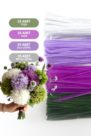 100lü tüylü tel şönil, 30 cm (25'er adet Yeşil, Mor, Lila, Beyaz Şönil, Çiçek Yapımına Uygun) - Bimotif
