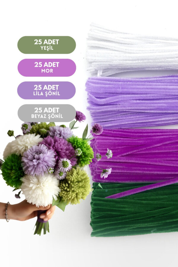 100lü tüylü tel şönil, 30 cm (25'er adet Yeşil, Mor, Lila, Beyaz Şönil, Çiçek Yapımına Uygun) - 1