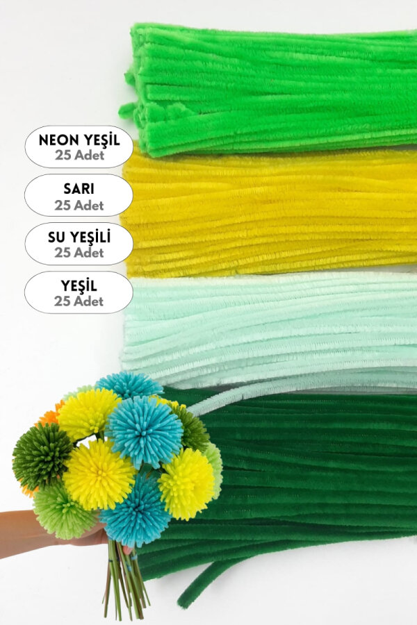 100lü tüylü tel şönil, 30 cm (25'er adet Yeşil, Neon Yeşil, Sarı, Su Yeşili Çiçek Yapımına Uygun) - 1