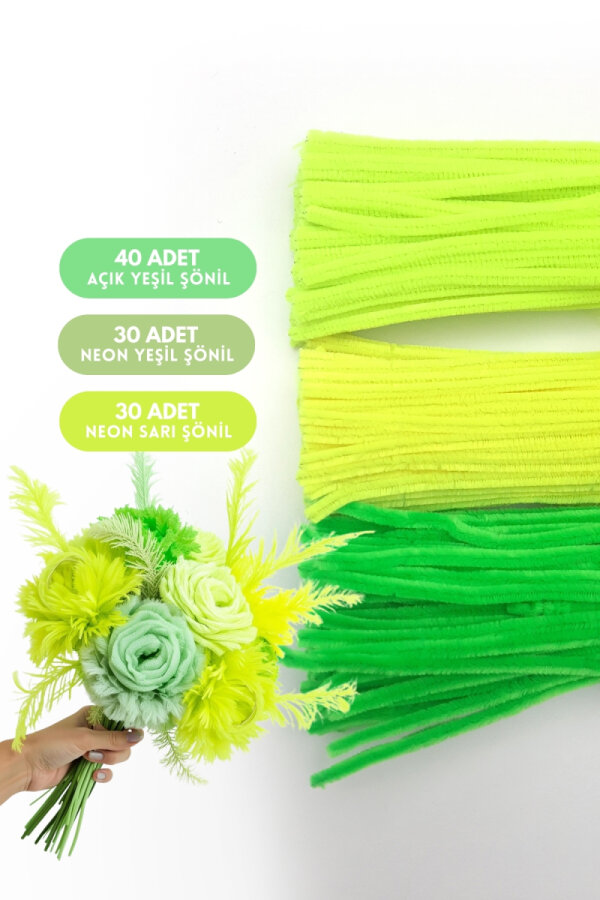 100lü tüylü tel şönil, 30 cm (40 adet Açık Yeşil, 30 adet Neon Yeşil, 30 adet Neon Sarı Şönil) - 1