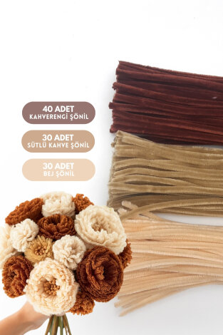 100lü tüylü tel şönil, 30 cm (40 adet Kahverengi, 30 adet Sütlü Kahve, 30 adet Bej Şönil) - Bimotif