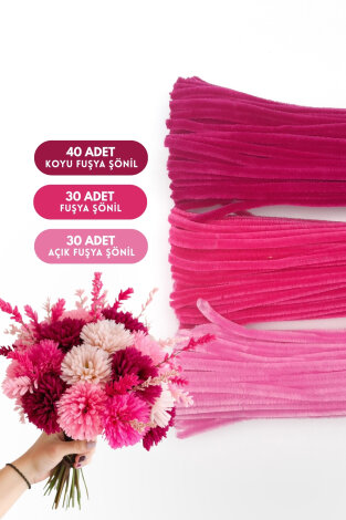 100lü tüylü tel şönil, 30 cm (40 adet Koyu Fuşya, 30 adet Fuşya, 30 adet Açık Fuşya) - Bimotif
