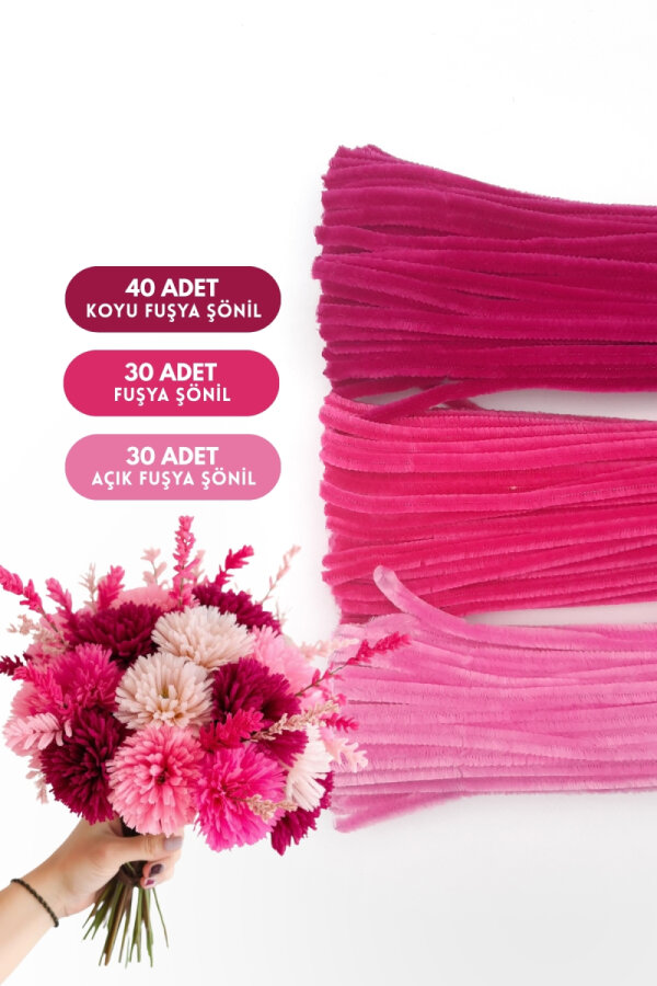 100lü tüylü tel şönil, 30 cm (40 adet Koyu Fuşya, 30 adet Fuşya, 30 adet Açık Fuşya) - 1