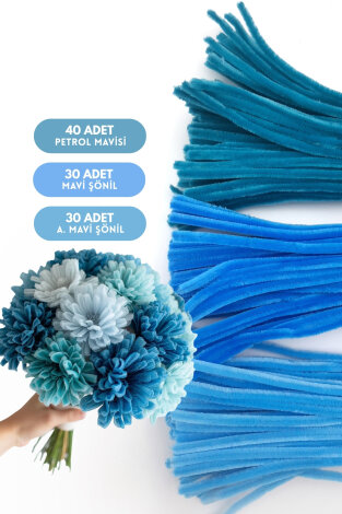 100lü tüylü tel şönil, 30 cm (40 adet Petrol Mavisi, 30 adet Mavi, 30 adet Açık Mavi Şönil) - Bimotif