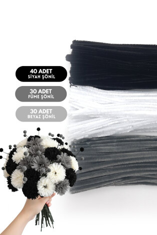 100lü tüylü tel şönil, 30 cm (40 adet Siyah, 30 adet Füme, 30 adet Beyaz, Çiçek Yapımına Uygun) - Bimotif