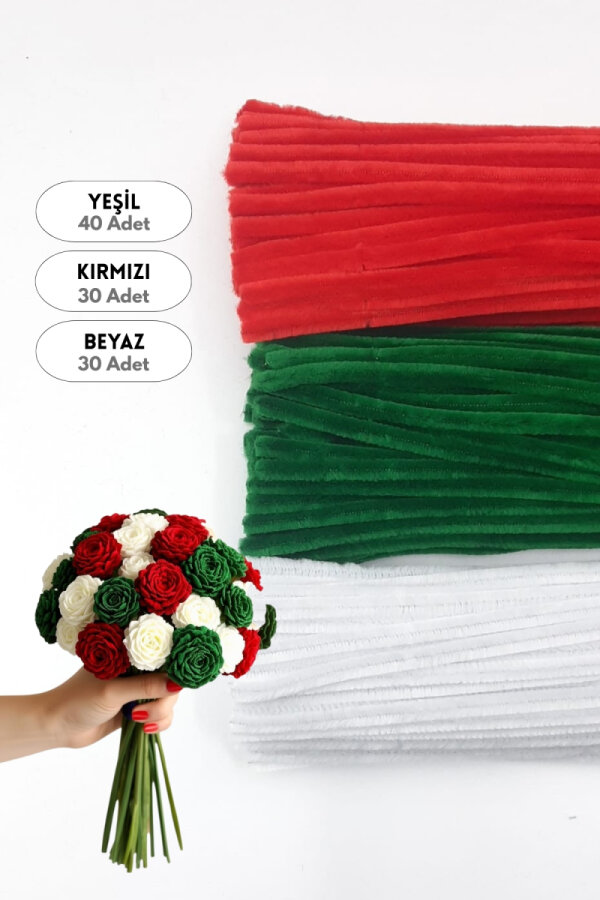 100lü tüylü tel şönil, 30 cm (40 adet Yeşil, 30 adet Kırmızı, 30 adet Beyaz, Çiçek Yapımına Uygun) - 1