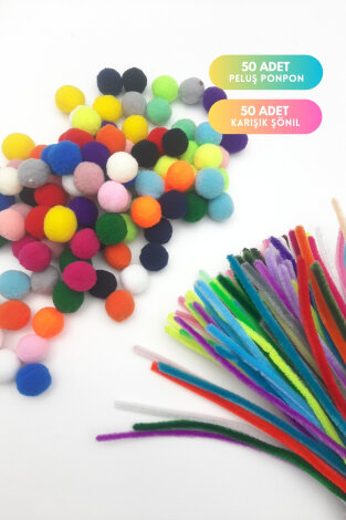 100 parça okul kırtasiye seti (50 adet karışık 30 cm şönil, 50 adet karışık 2.2 cm peluş ponpon) - Bimotif