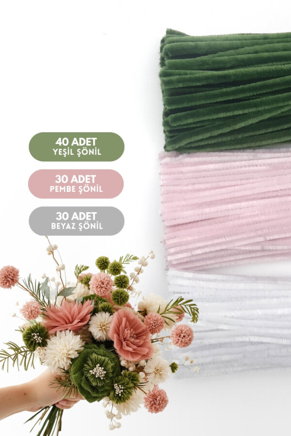 100lü tüylü tel şönil, 30 cm (40 adet Yeşil, 30 adet Pembe, 30 adet Beyaz, Çiçek Yapımına Uygun) - 1