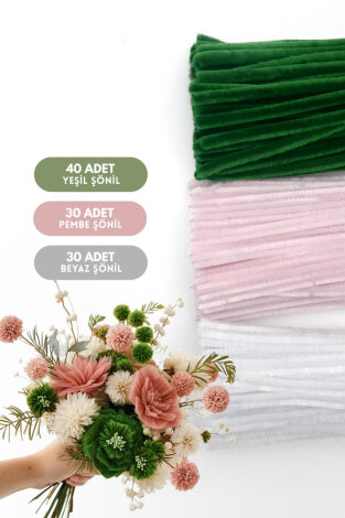 100lü tüylü tel şönil, 30 cm (40 adet Yeşil, 30 adet Pembe, 30 adet Beyaz, Çiçek Yapımına Uygun) - Bimotif