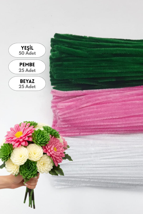 100lü tüylü tel şönil, 30 cm (50 adet Yeşil, 25 adet Pembe, 25 adet Beyaz, Çiçek Yapımına Uygun) - 1