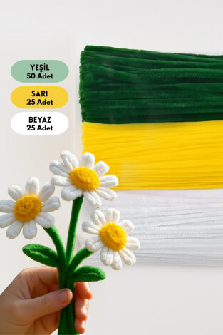 100lü tüylü tel şönil, 30 cm (50 adet Yeşil, 25 adet Sarı, 25 adet Beyaz, Papatya Yapımına Uygun) - Bimotif