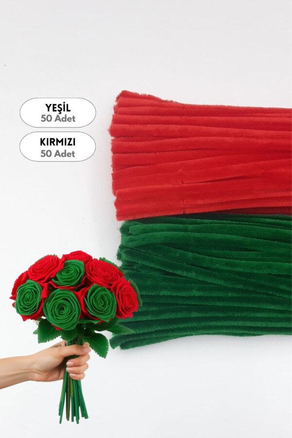 100lü tüylü tel şönil, 30 cm (50 adet Yeşil, 50 adet Kırmızı, Gül, Lale ve Çiçek Yapımına Uygun) - 1