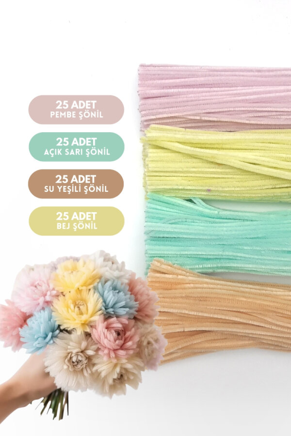 100lü tüylü tel şönil, Pastel Makaron Renkleri, 30 cm (25'er adet Bej, Pembe, Sarı, Su Yeşili) - 1