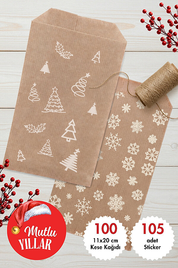 100'lü Yılbaşı Hediye Paketi Seti - 50'şer adet Çam ve Kar 11x20 cm Kese Kağıdı + 105 adet Sticker - 1
