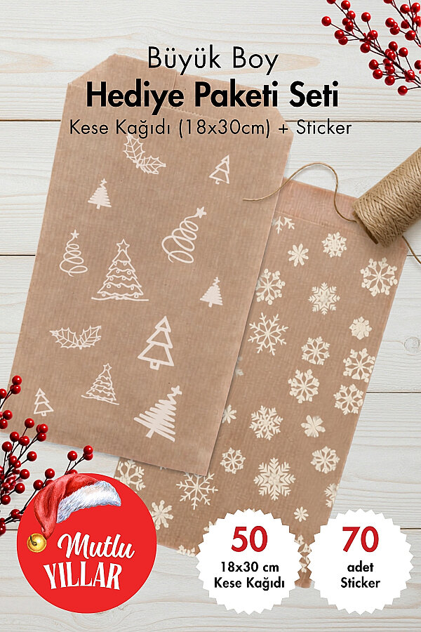 50'li Yılbaşı Büyük Boy Hediye Paketi - 25'er Çam ve Kar Kese Kağıdı 18x30 cm + 70 adet Sticker - 1