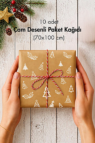 10lu Büyük Boy Ambalaj, Paket Kağıdı, 70x100 cm Çam Desenli, Kraft-Beyaz - Bimotif