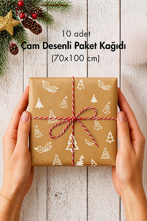 10lu Büyük Boy Ambalaj, Paket Kağıdı, 70x100 cm Çam Desenli, Kraft-Beyaz - 1