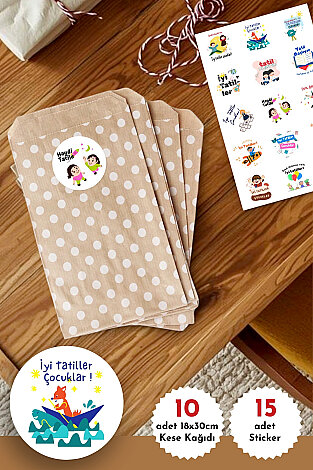 10lu Büyük Boy İyi Tatiller Hediye Paket Seti (Puantiye Kese Kağıdı (18x30cm), 60 adet 4cm Sticker)