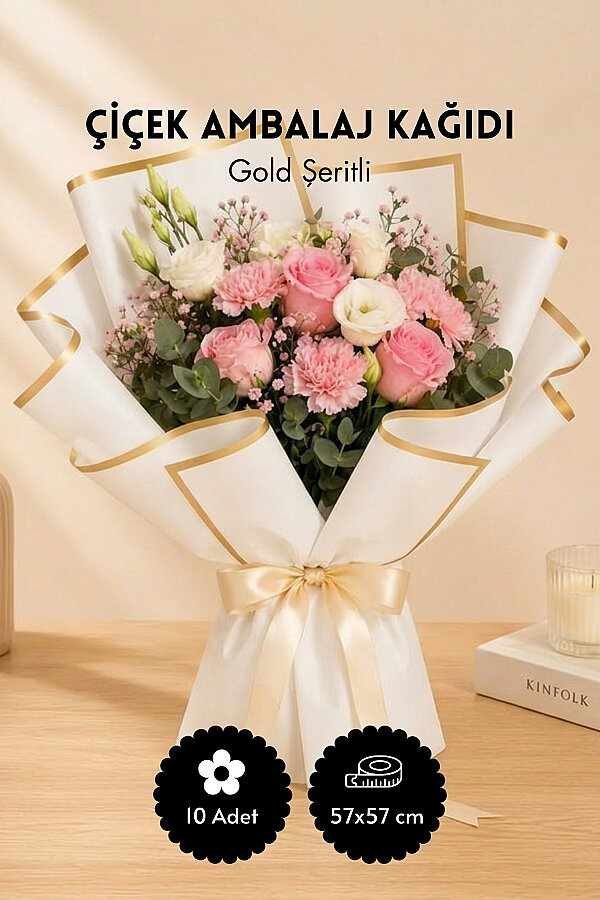 10lu Gold Şeritli Çiçek Ambalaj Kağıt Seti 57x57cm, Beyaz (Çiçek Buket Ambalaj Kağıdı) - 1