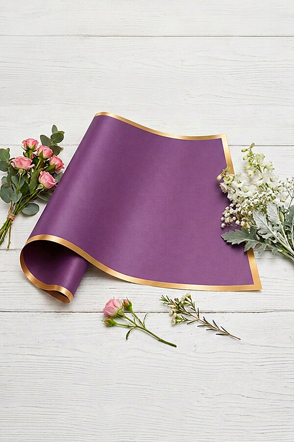 10lu Gold Şeritli Çiçek Ambalaj Kağıt Seti 57x57cm, Mor (Çiçek Buket Ambalaj Kağıdı) - 2