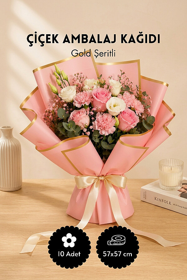 10lu Gold Şeritli Çiçek Ambalaj Kağıt Seti 57x57cm, Pembe (Çiçek Buket Ambalaj Kağıdı) - 1